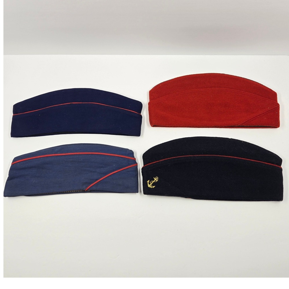 Vintage French Military Side Cap Lot 4 Garrison Calot Red Navy Blue Anchor 58 59